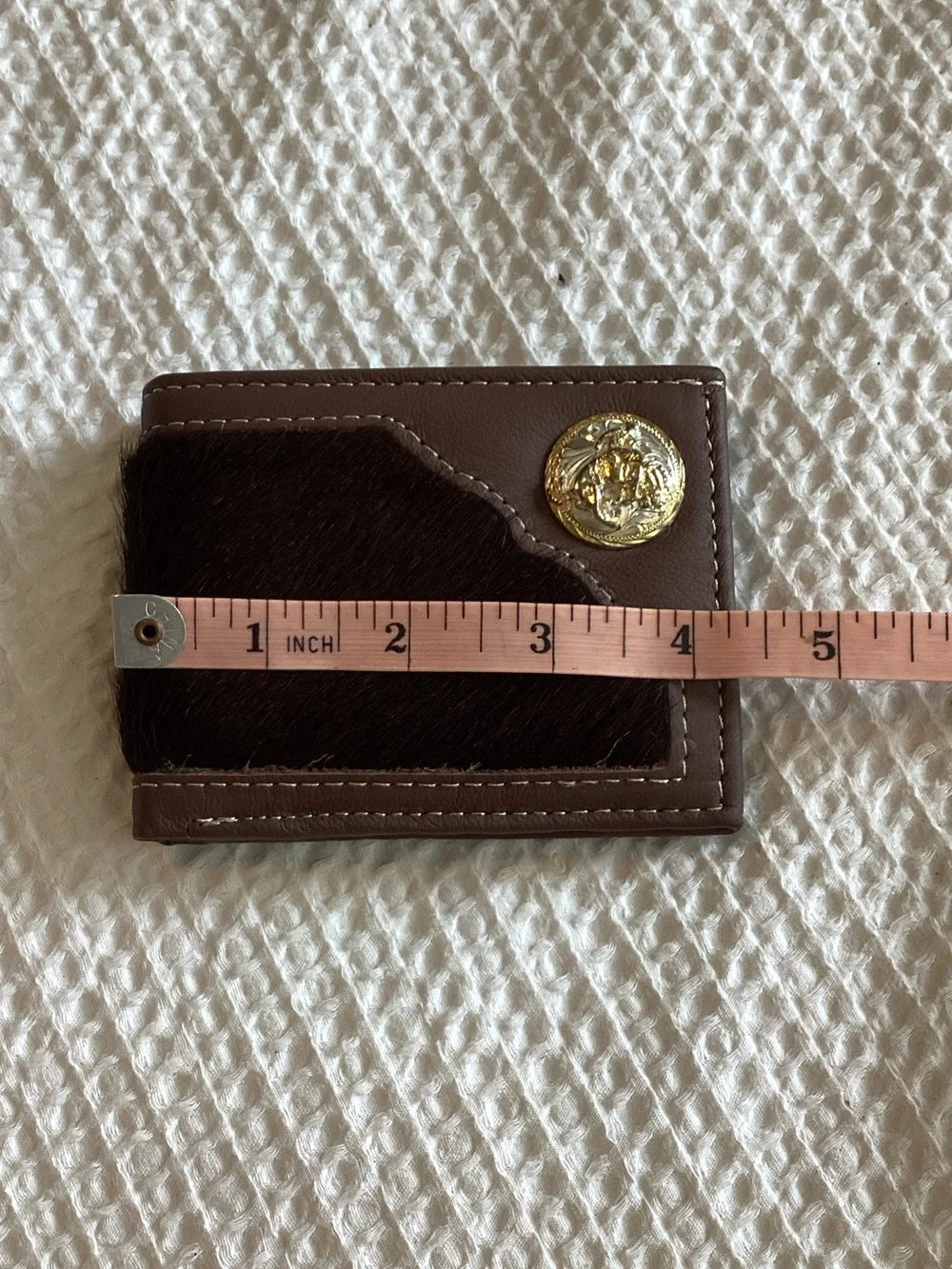 Brown Leather and Haircalf Men's Bi-Fold Wallet with Gold Accent